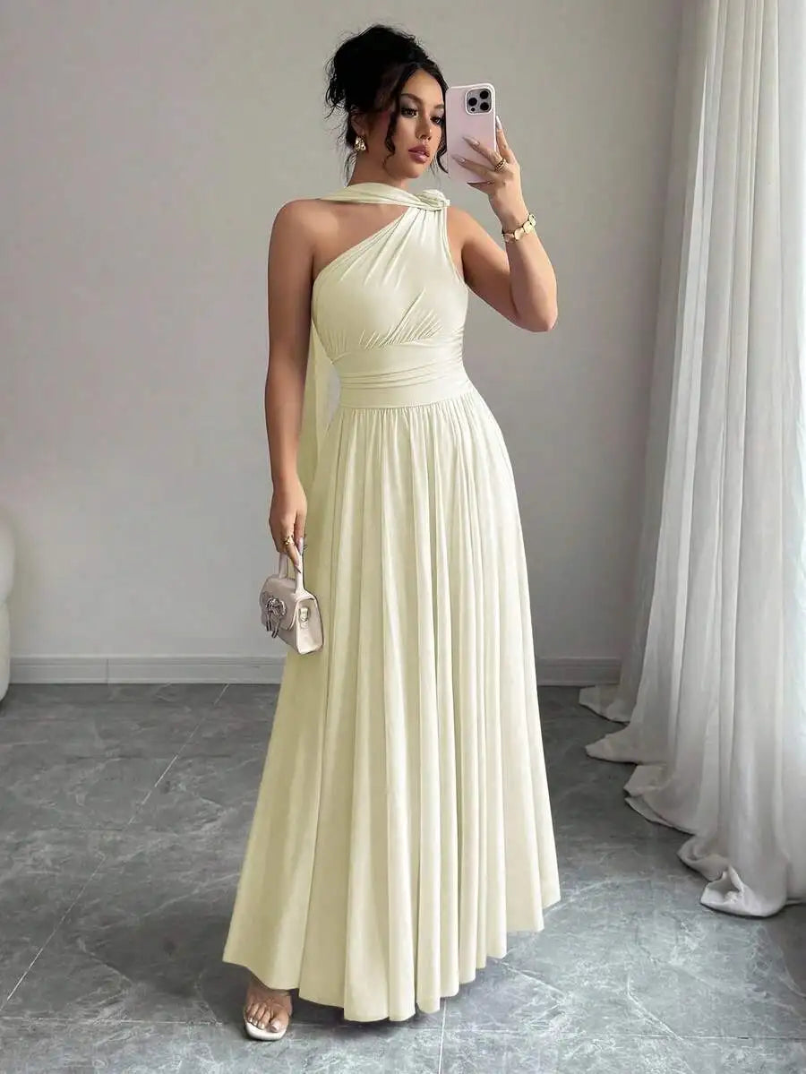 One Shoulder Maxi Dress With Draped Neck And Pleated Skirt