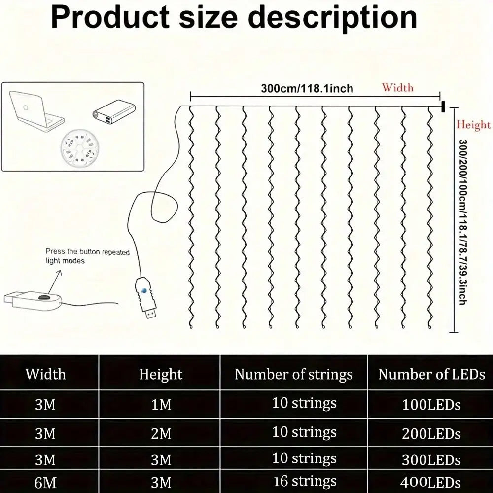 Waterproof Curtain LED String Lights Remote Timer With Eight Modes