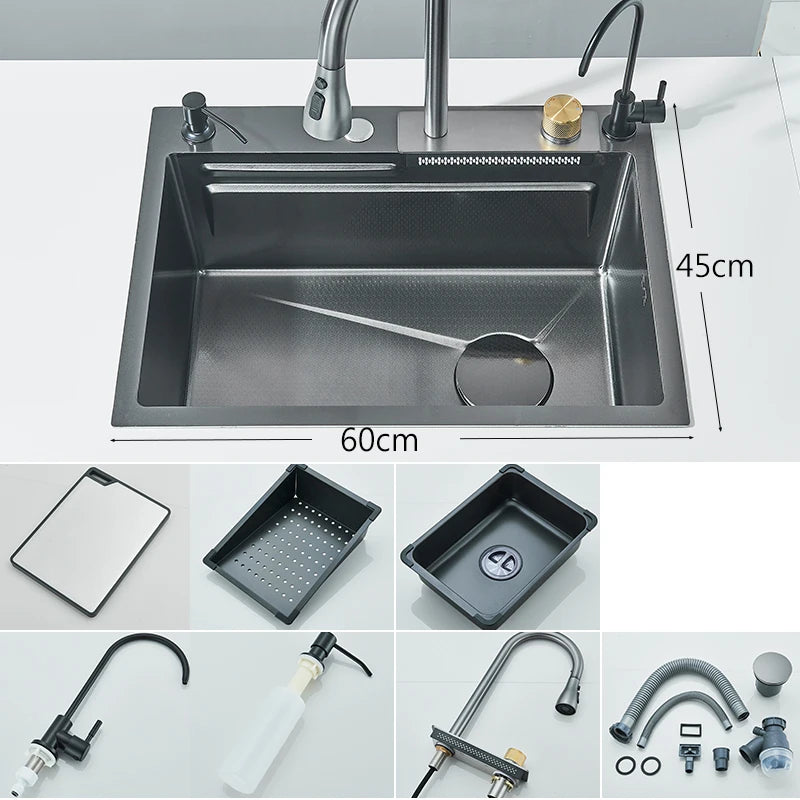 MYQualife 304 Stainless Steel Waterfall Kitchen Sink Faucet Set