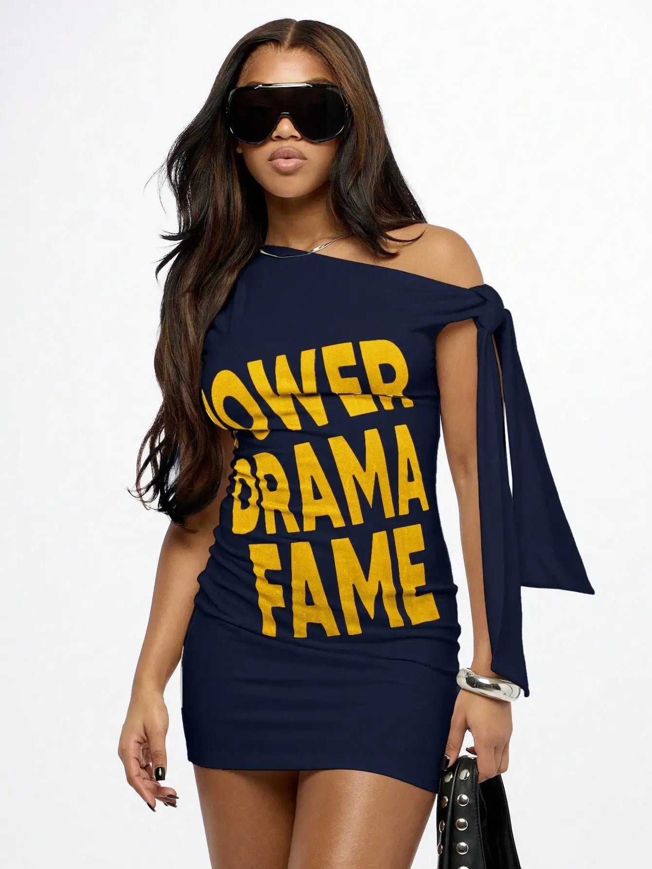 Off Shoulder Mini Dress With Power Drama Fame Graphic Print