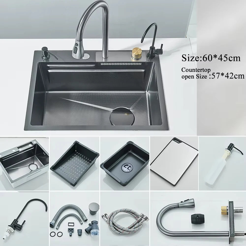MYQualife Stainless Steel Waterfall Kitchen Sink With Digital Display Faucet