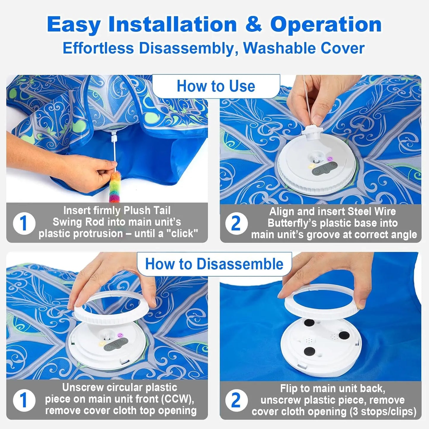 Interactive Cat Toys for Indoor Cats, Rechargeable Touch Activated Hide and Seek Kitten Toys with Fluttering (Blue)
