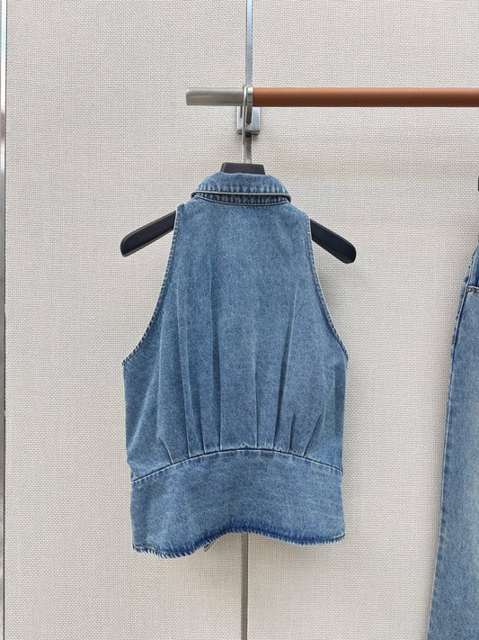 2026 Summer Women's Collared Halter Denim Vest Pleated Waist-Cinching Sleeveless Top ZX092