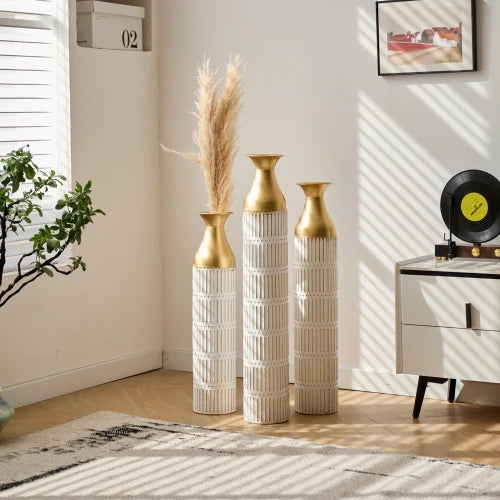 Modern Gold Leaf Pattern Metal Floor Vases Set of 3 Tall Decorative Vases 24/28/32.3 Inch Home Living Room Decor