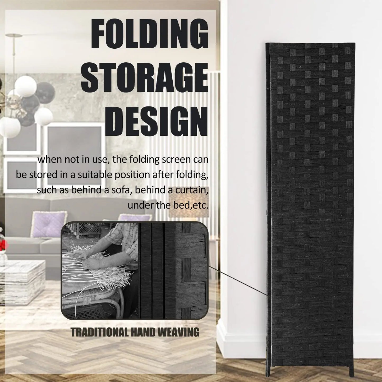 Room Divider,4 Panels 6FT Folding Privacy Screen Room Divider Wall Wood Mesh Hand-Woven Design Freestanding, Customized