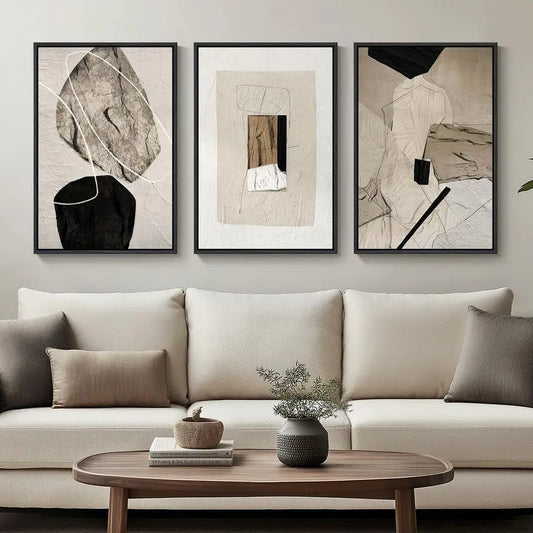 Neutral Abstract Wall Art, Set of 3 Modern Canvas Prints Paintings Artwork for Walls, Minimalist Black and Beige Pictures for Li