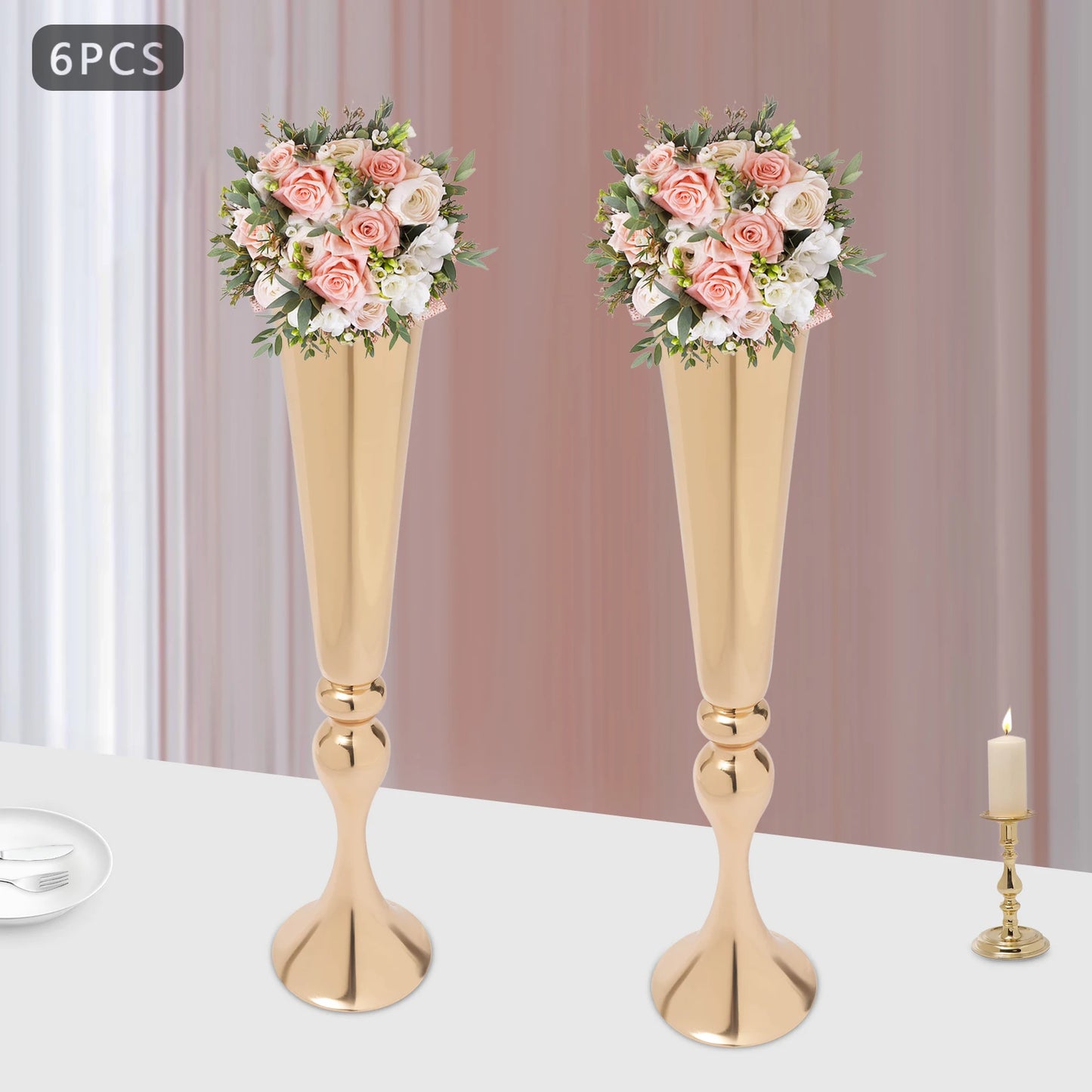 6Pcs Metal Trumpet Vases Gold Tall Wedding Flower Vase Flared Vases Home Events Decor