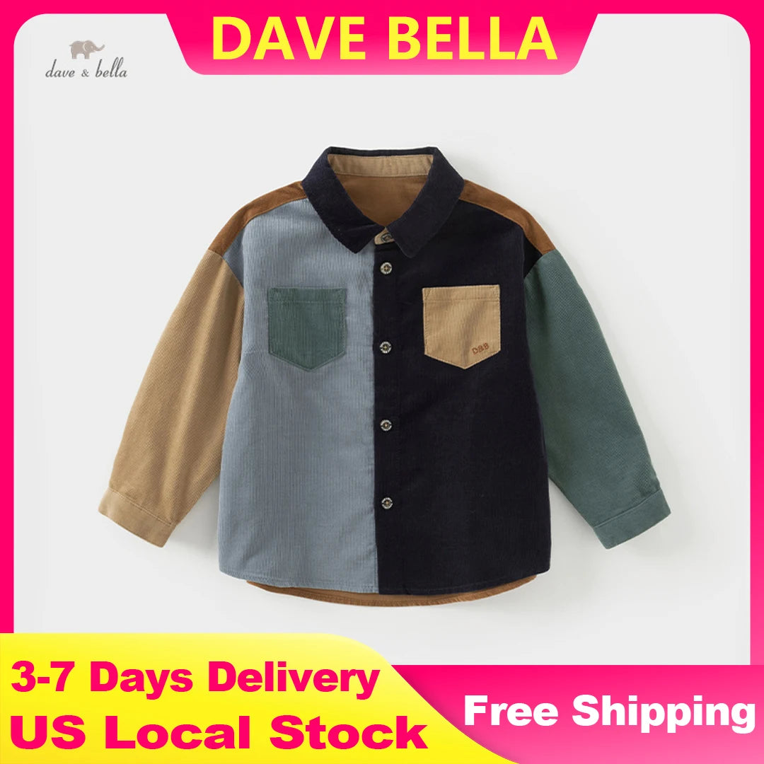 Dave Bella Boy Spring Autumn Shirt Casual Cotton Blouse for Childern Long Sleeve Button-Down Top with Pocket DB3241650