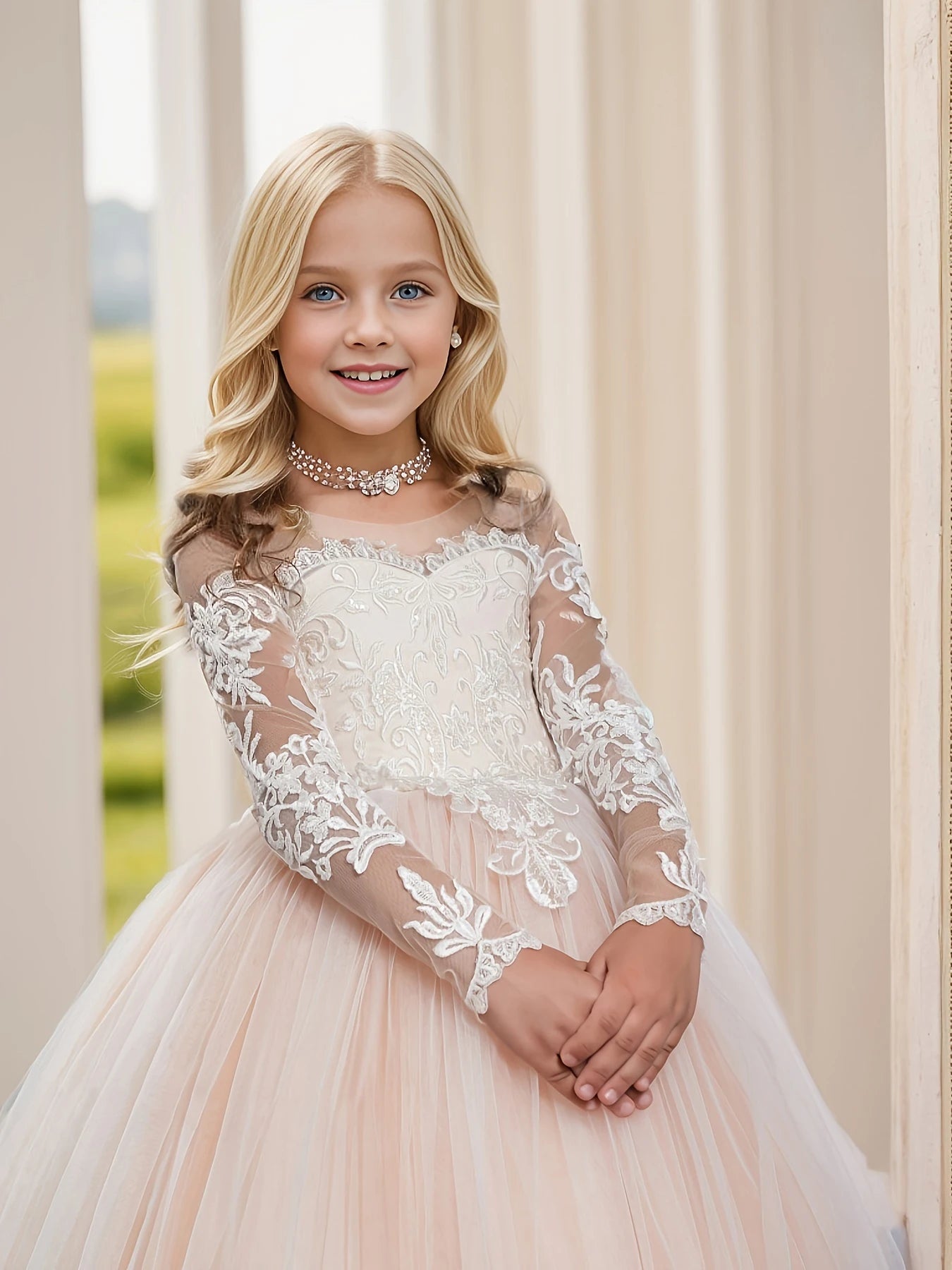 Lace Embroidery Sheer Long Sleeves Kids Trailing Gowns
