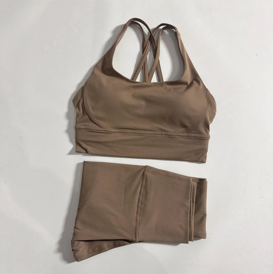 Solid Color Gym Fitness Set Tight Soft cross Fitness Bra 2pc compression High Waist Yoga Legging Suit Comprehensive Training Jog