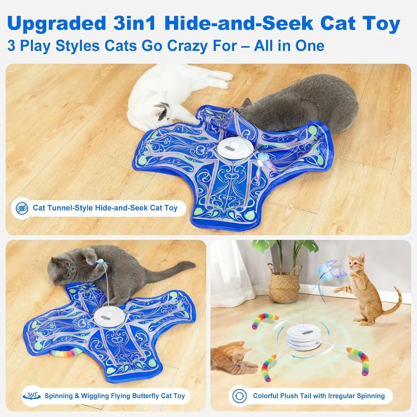 Interactive Cat Toys for Indoor Cats, Rechargeable Touch Activated Hide and Seek Kitten Toys with Fluttering (Blue)