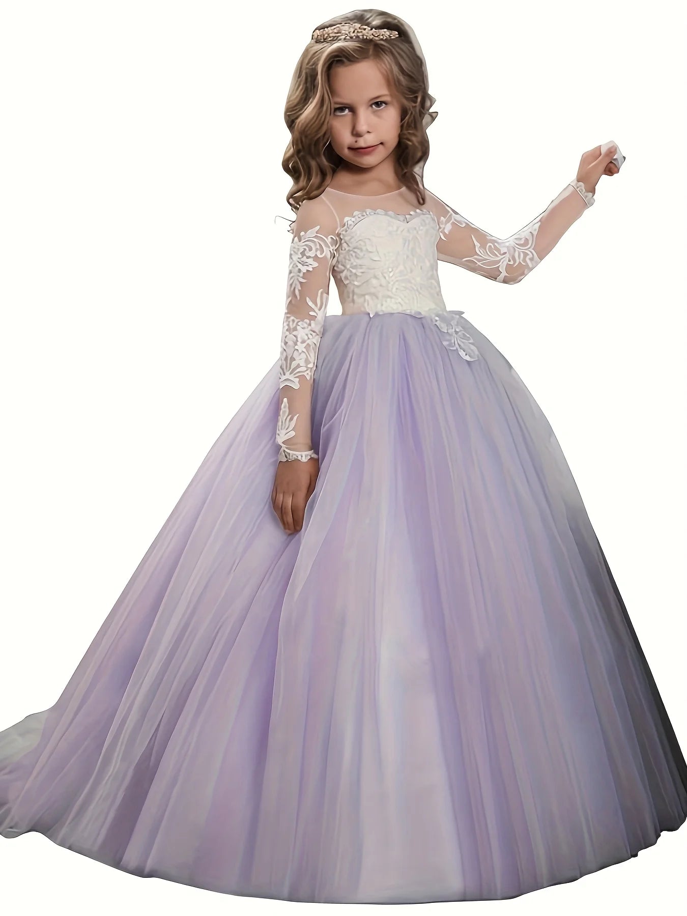 Lace Embroidery Sheer Long Sleeves Kids Trailing Gowns