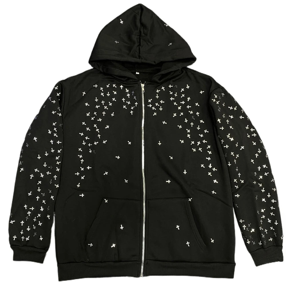 Men's American Retro Street Hip-Hop Loose Jacket Autumn Starry Hot Diamond Hooded Zipper Sweatshirt