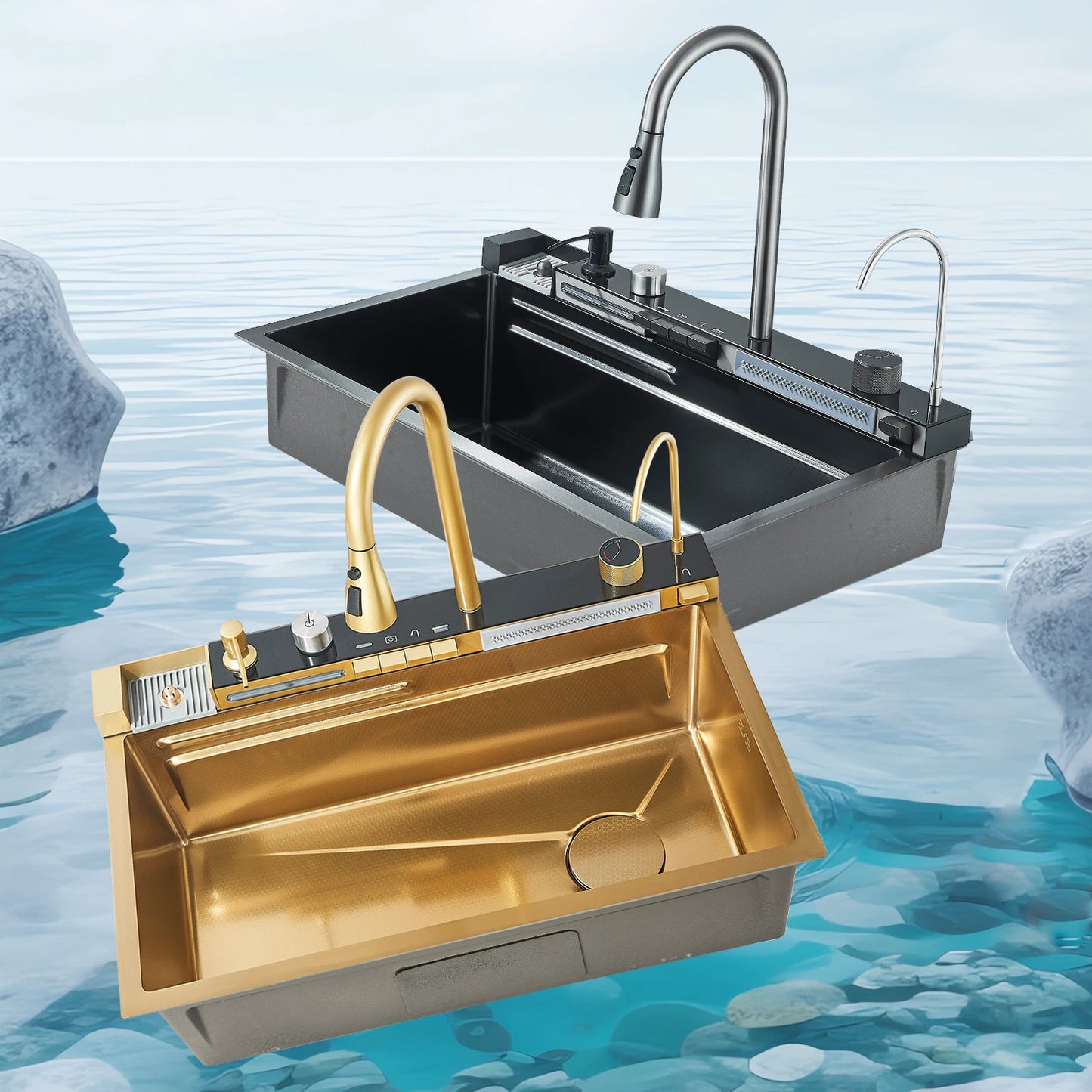 Stainless Steel Waterfall Kitchen Sink Faucet Set With Digital Display
