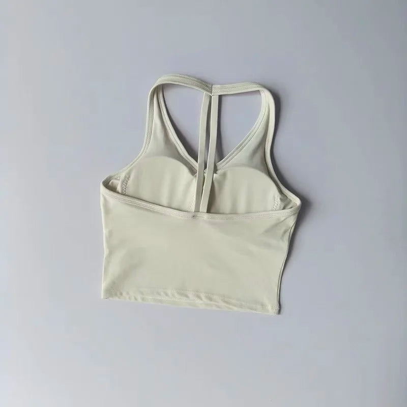 Women's Sexy V-Neck Fitness Bra Nude Sports Bra Hanging Neck Yoga Suit Vest Comfortable Breathable Gym Top for Active Wear