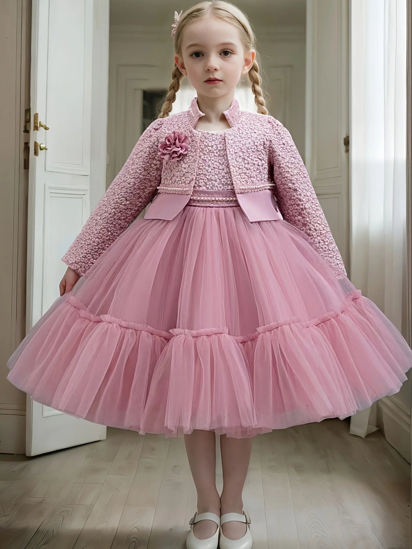 Girls Dress Set Spring Autumn Khaki Lotus Lace 2024 Fashion New Children Clothes Cute Princess Dresses and Coat Outfits 2-8 Year