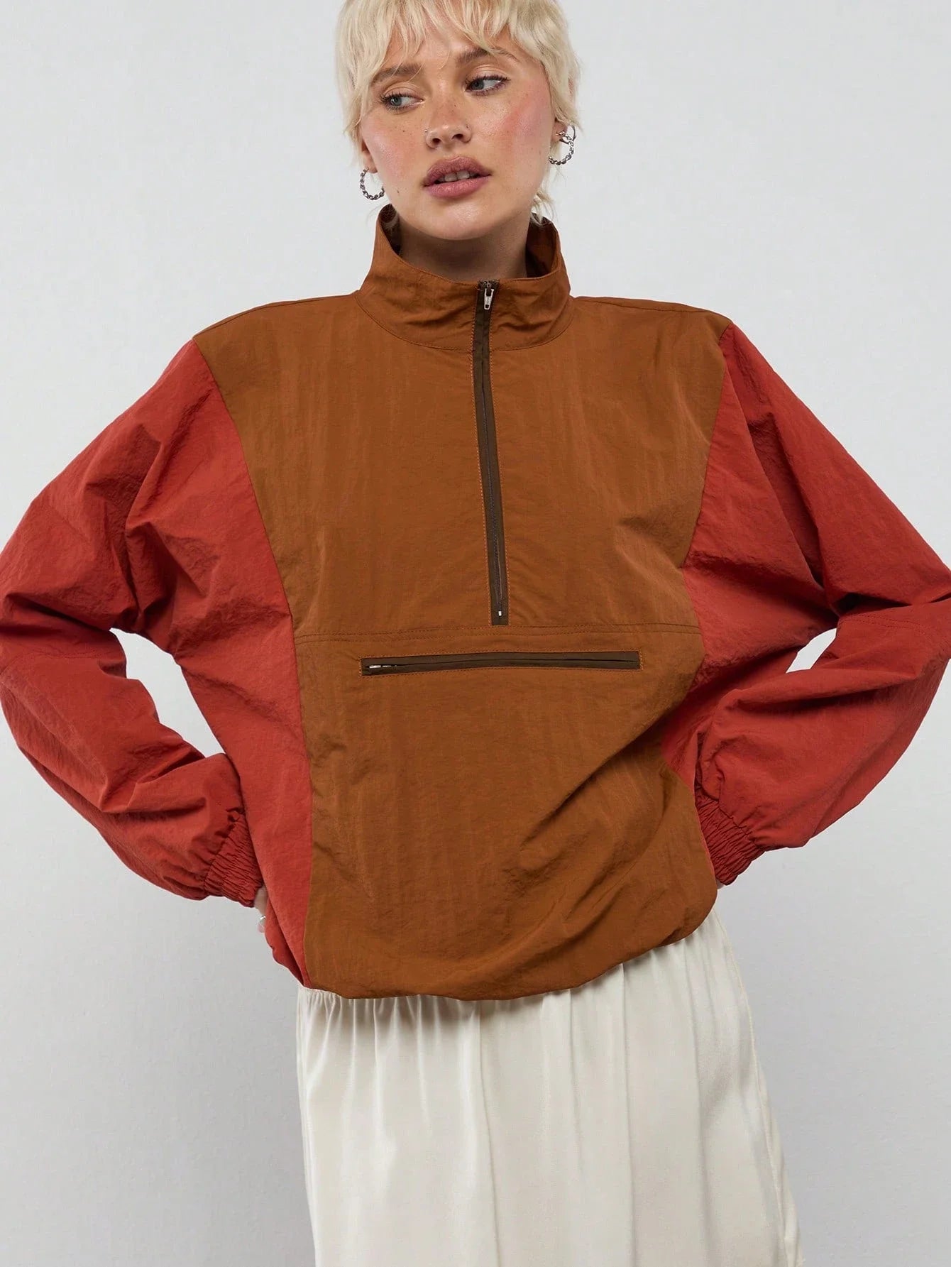 Colorblock Nylon Half-Zip Jacket For Women Streetwear Casual Sporty Outfit