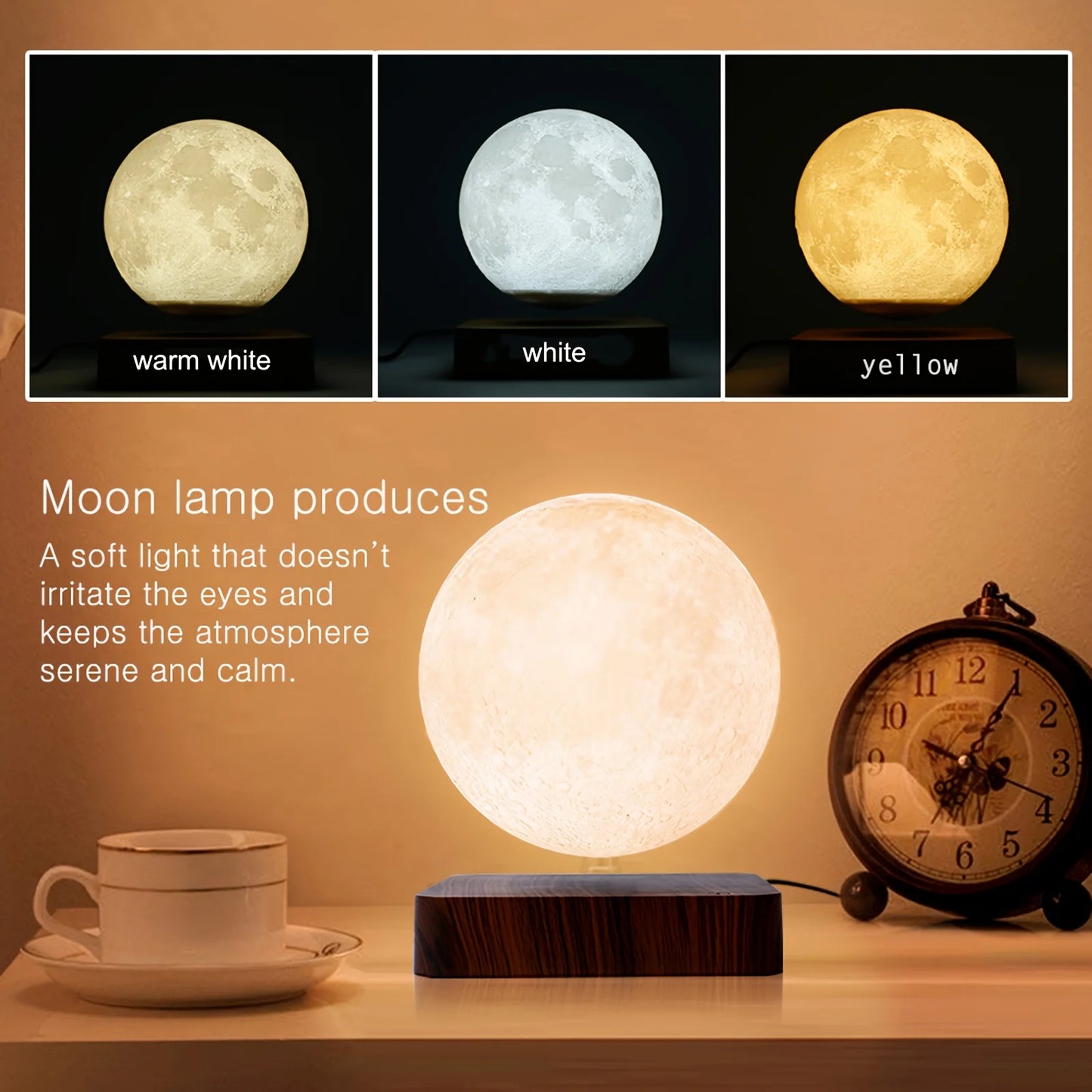 Mexllex Magnetic Floating Moon Lamp, Wooden Base, 3 Color LED