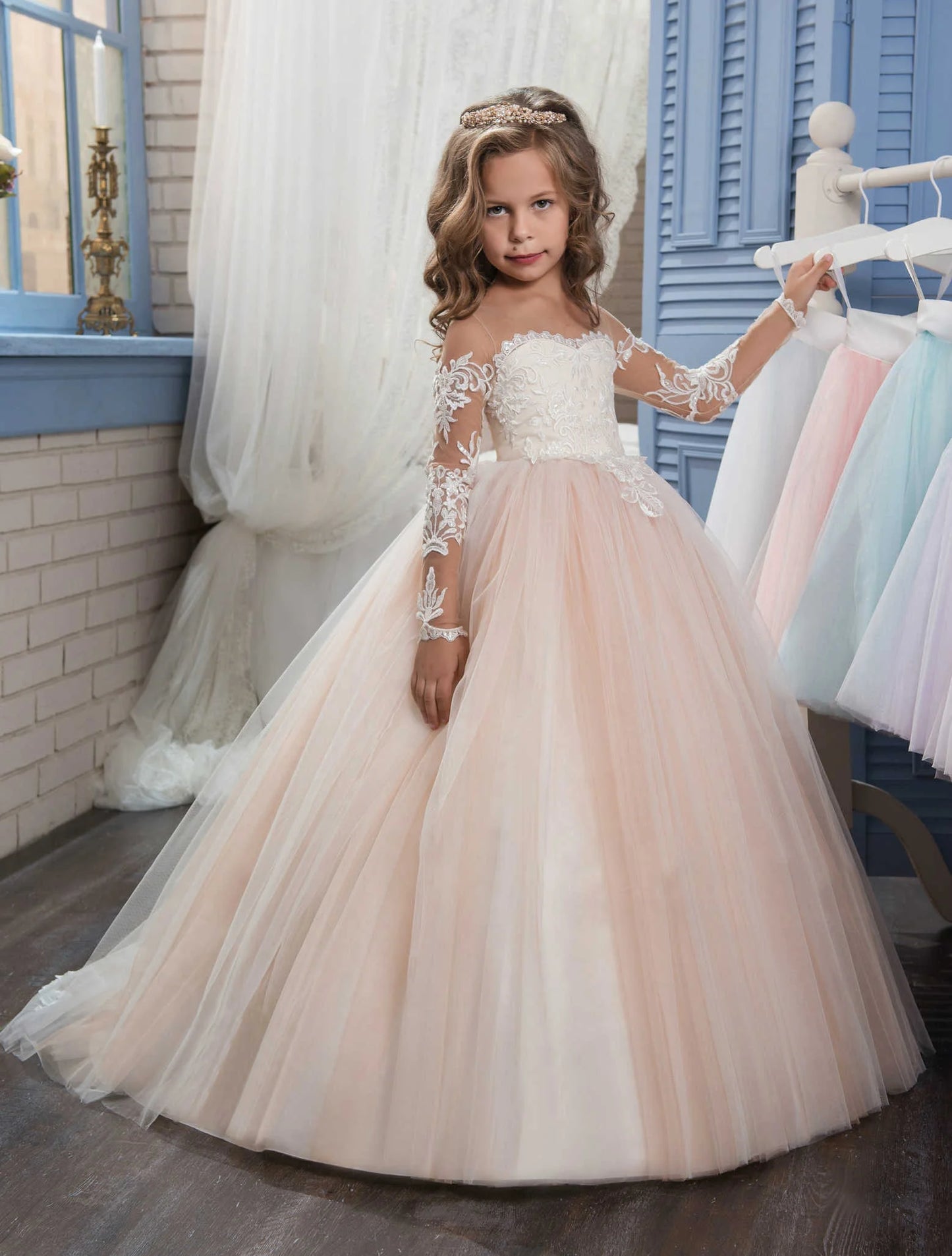 Lace Embroidery Sheer Long Sleeves Kids Trailing Gowns