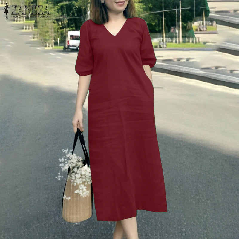 Zanzaea Women V Neck Short Sleeve Jersey Summer Dress