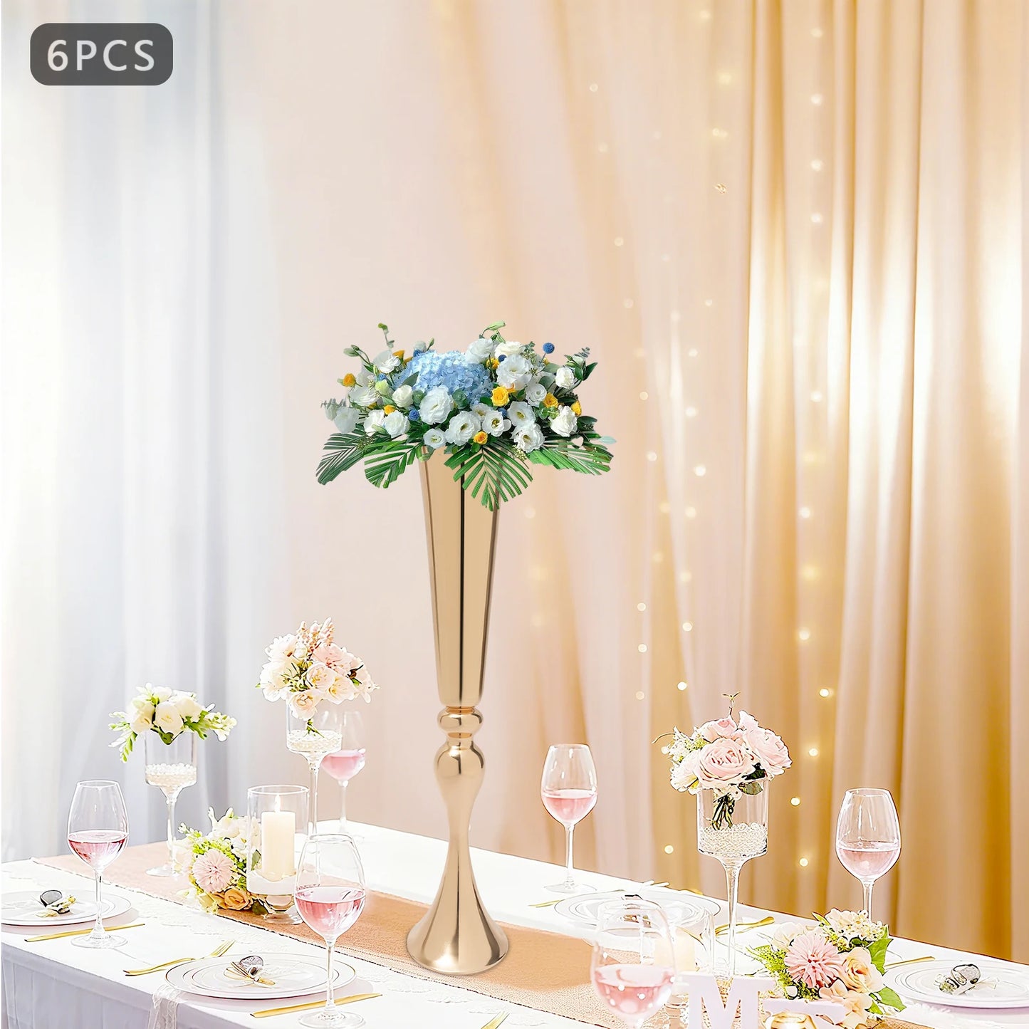 6Pcs Metal Trumpet Vases Gold Tall Wedding Flower Vase Flared Vases Home Events Decor