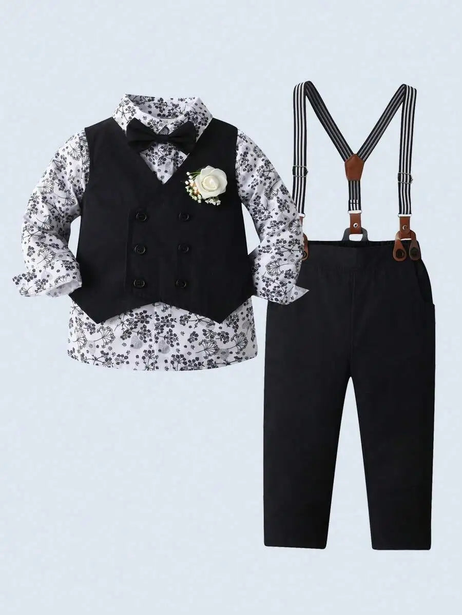 3-Piece Formal Suit Set for Toddler Boys: Shirt, Vest, Pants with Bowtie & Flower Pin