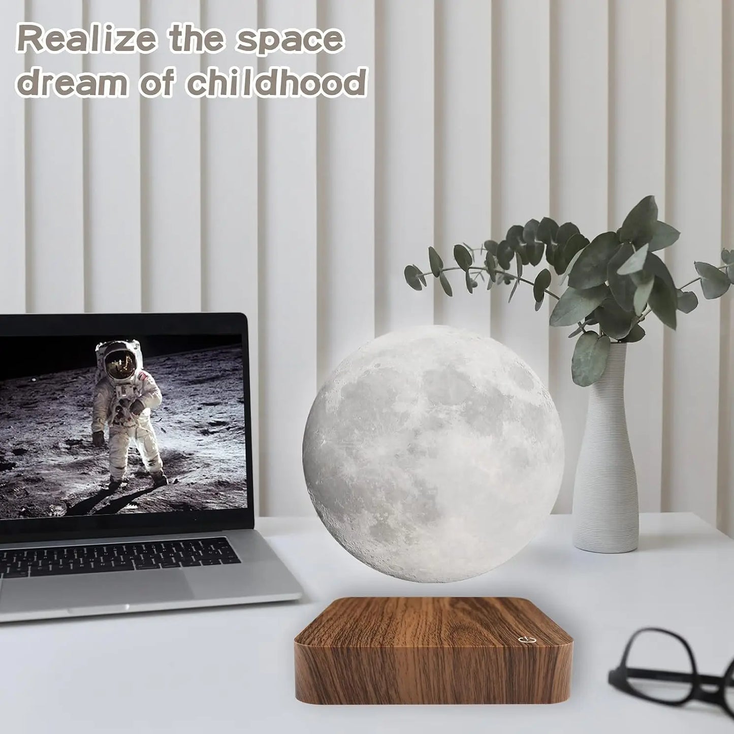 Mexllex Magnetic Floating Moon Lamp, Wooden Base, 3 Color LED