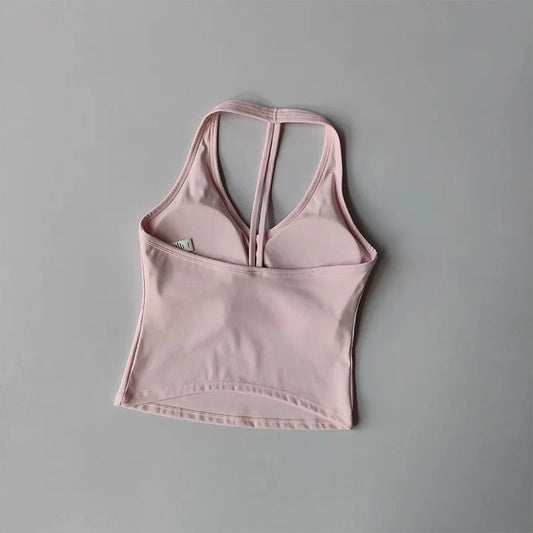 Women's Sexy V-Neck Fitness Bra Nude Sports Bra Hanging Neck Yoga Suit Vest Comfortable Breathable Gym Top for Active Wear