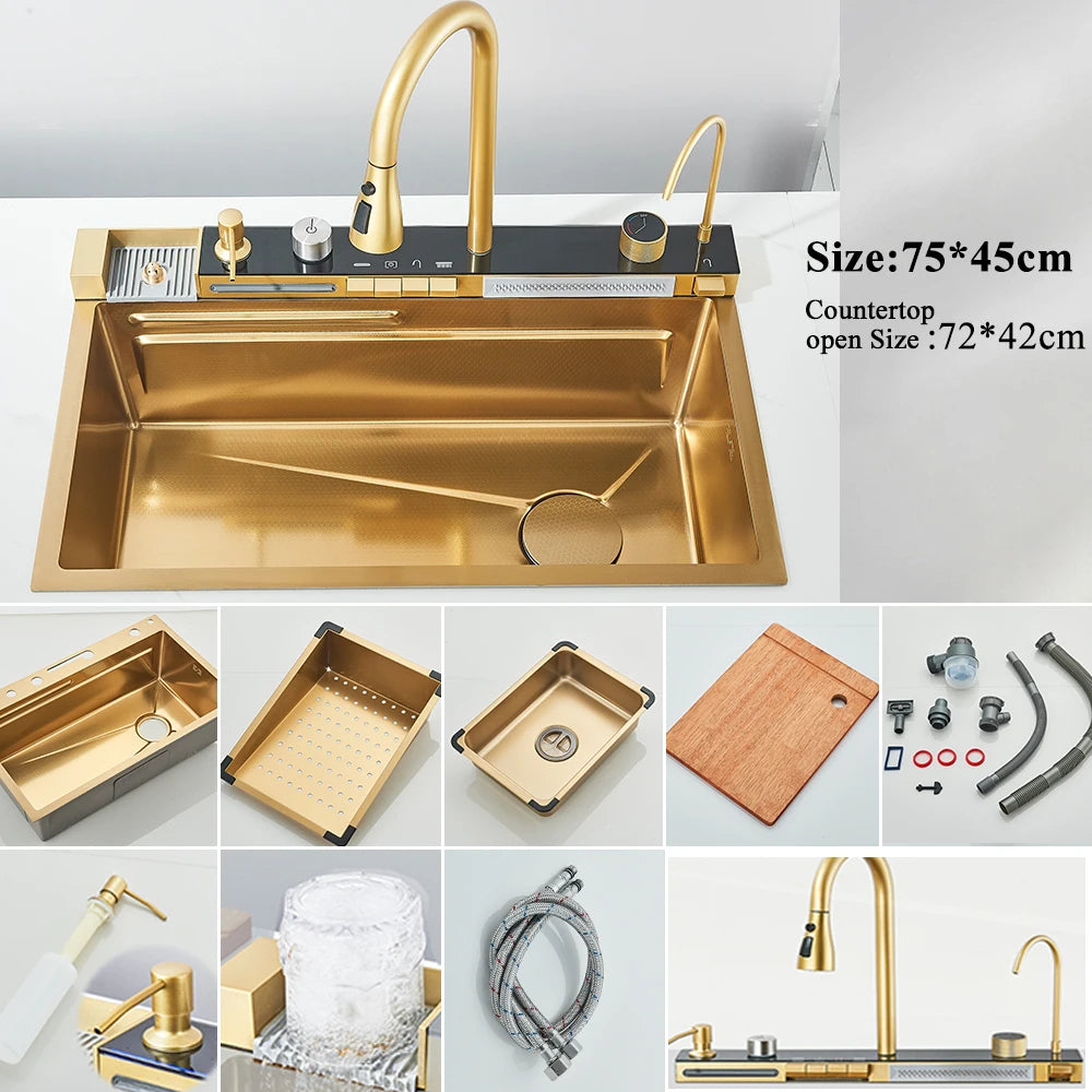 Stainless Steel Waterfall Kitchen Sink Faucet Set With Digital Display