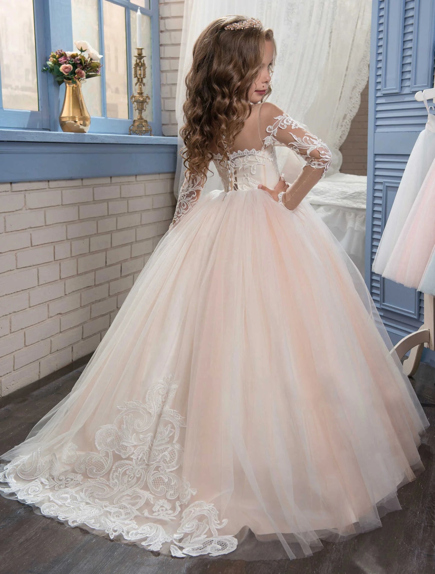 Lace Embroidery Sheer Long Sleeves Kids Trailing Gowns