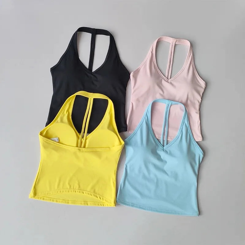 Women's Sexy V-Neck Fitness Bra Nude Sports Bra Hanging Neck Yoga Suit Vest Comfortable Breathable Gym Top for Active Wear