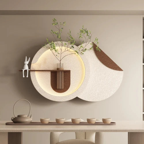 3D Art Sandstone Wall Decor with 3-Color Dimmable LED Light Artificial Green Plants Glass Vase Rabbit Statue Living Room Hallway