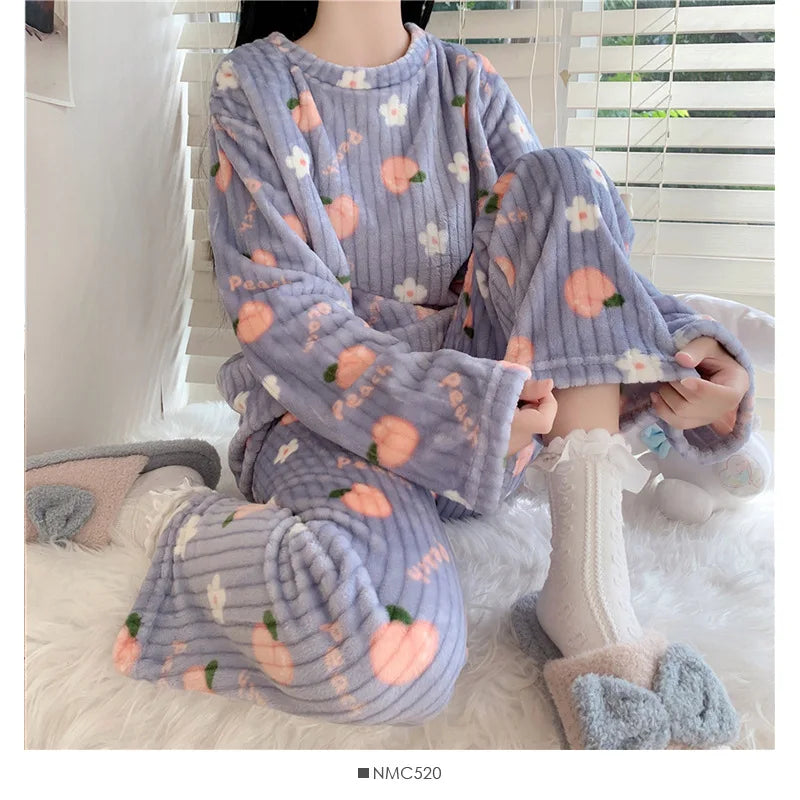 Winter Women's Pajamas Homewear Suit New Coral Fleece Warm Set of Fall and Winter Comfortable Warm Pajamas Homewear Suit