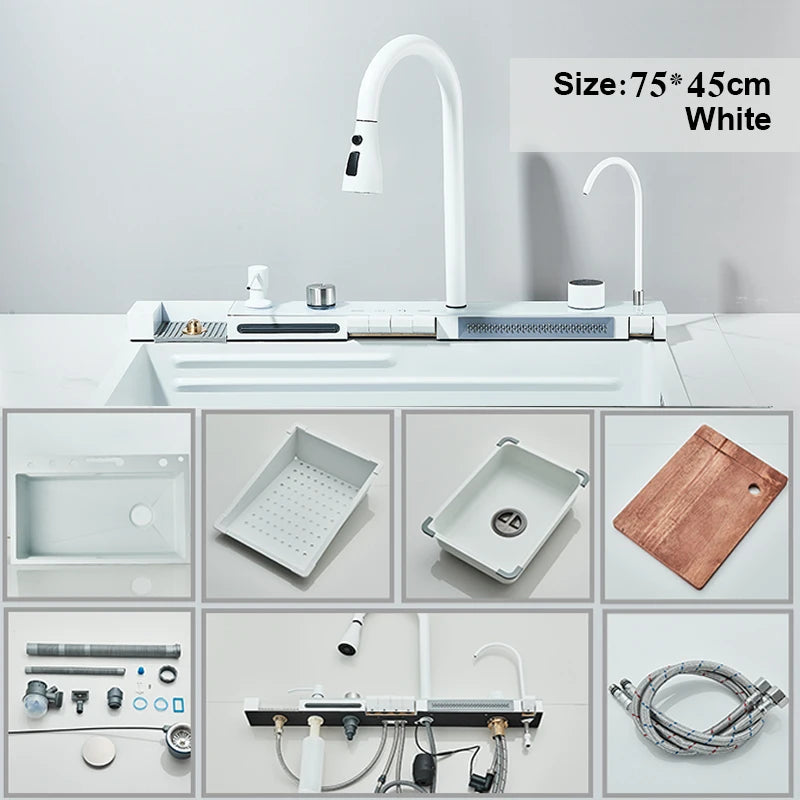 Stainless Steel Waterfall Kitchen Sink Faucet Set With Digital Display