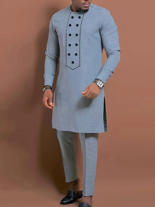 Men's Casual Long-Sleeved Two-Piece Set: Mid-Length Top and Trousers