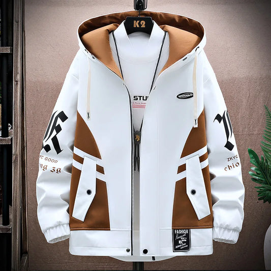 Men Hooded Autumn Jacket Breathable Outerwear Patchwork Streetwear