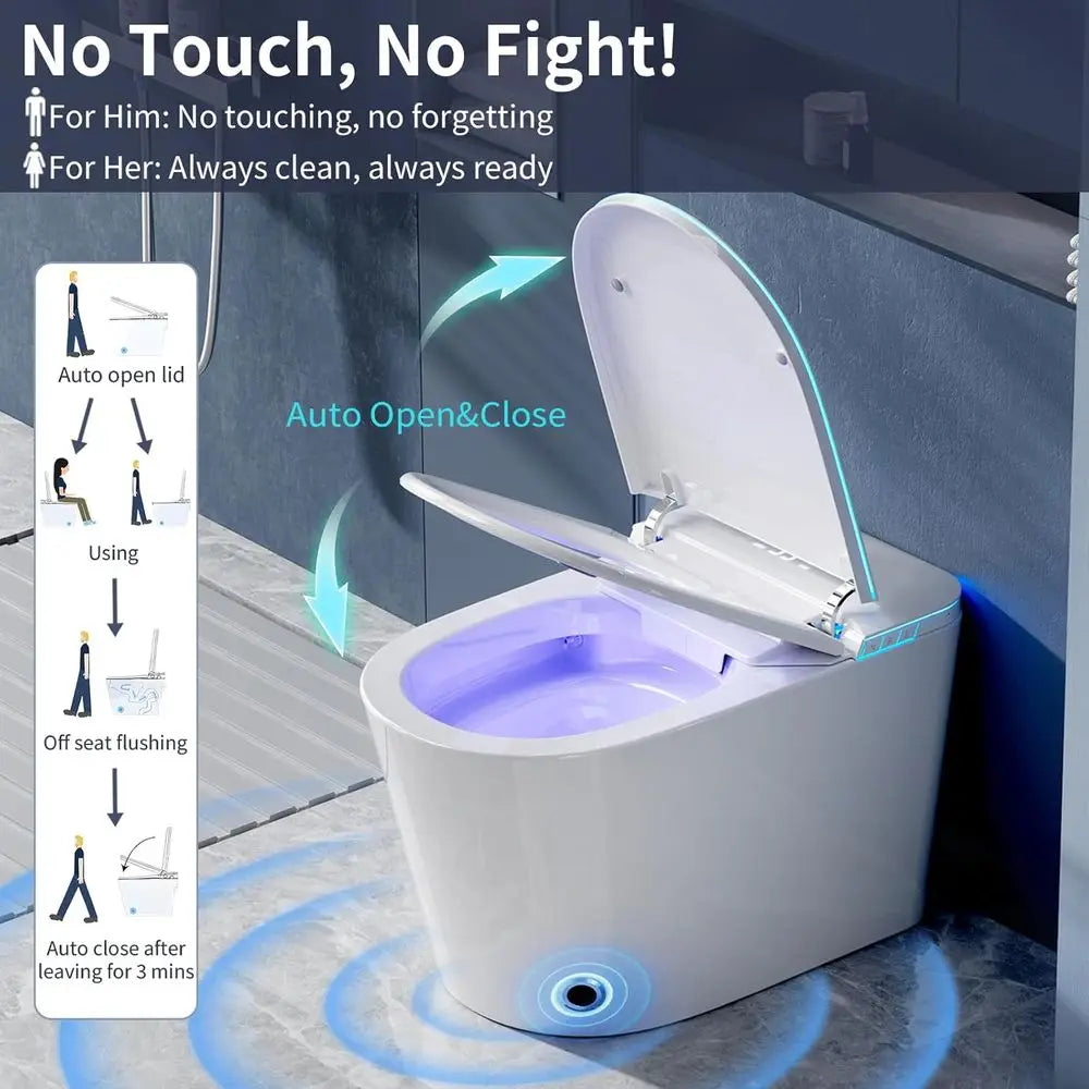Smart Toilet with Bidet Built in, Bidet Toilet with Heated Seat and Night Light, Modern Tankless Toilet with UV for Bathroom, On