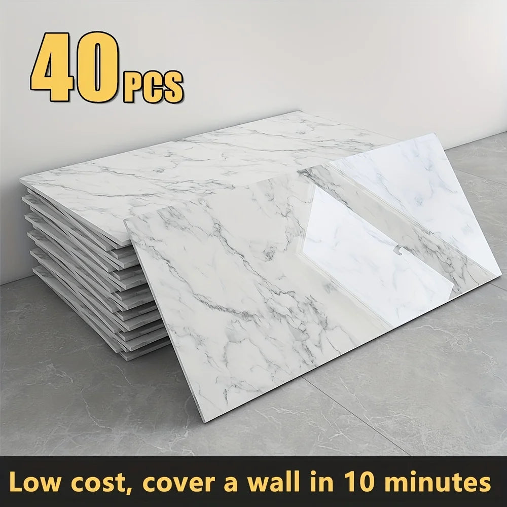 20/40pcs Glossy Marble Pattern Wall Panels Wall Sticker Set, Self-Adhesive Detachable PVC Wall Panels Wall Decals, Waterproof P