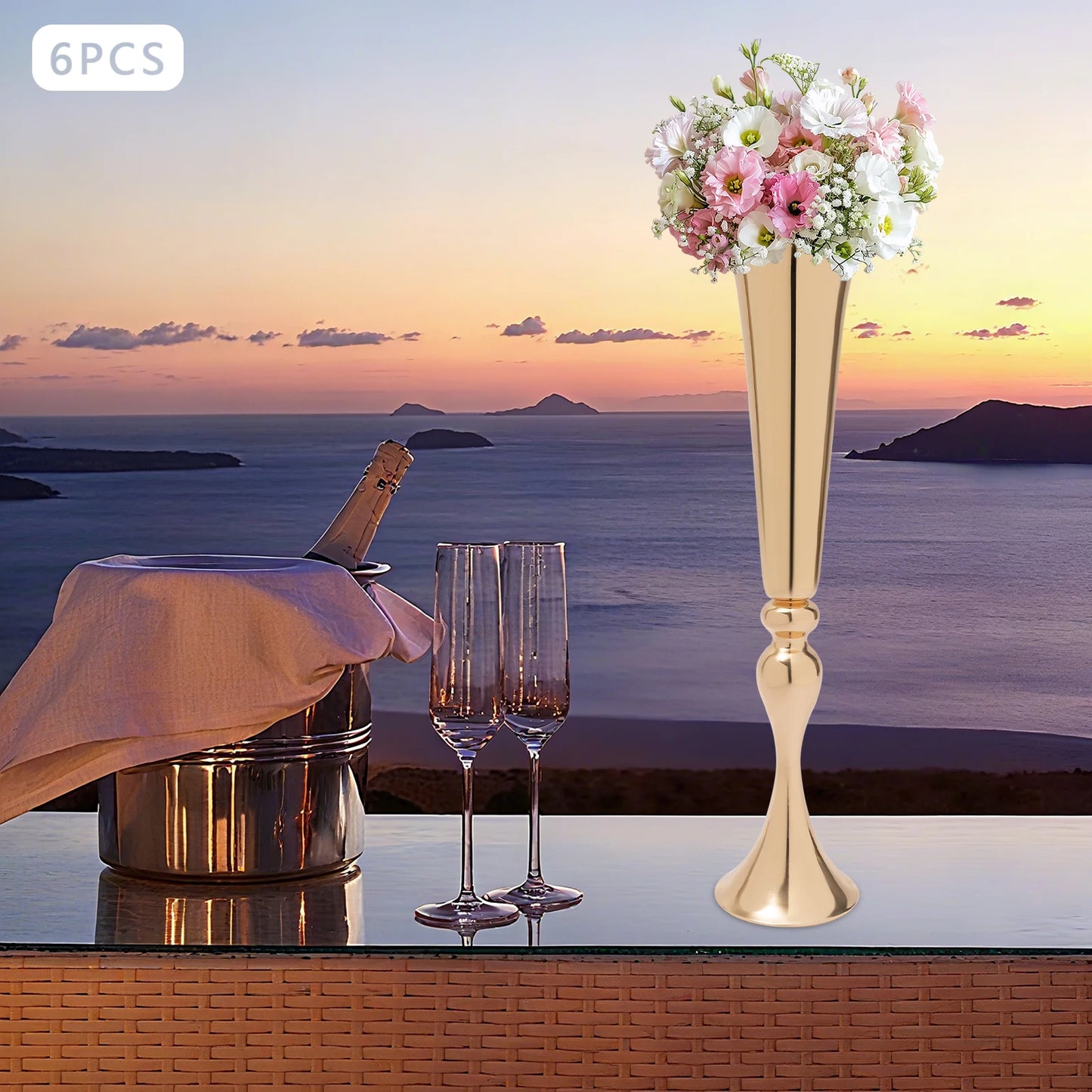 6Pcs Metal Trumpet Vases Gold Tall Wedding Flower Vase Flared Vases Home Events Decor