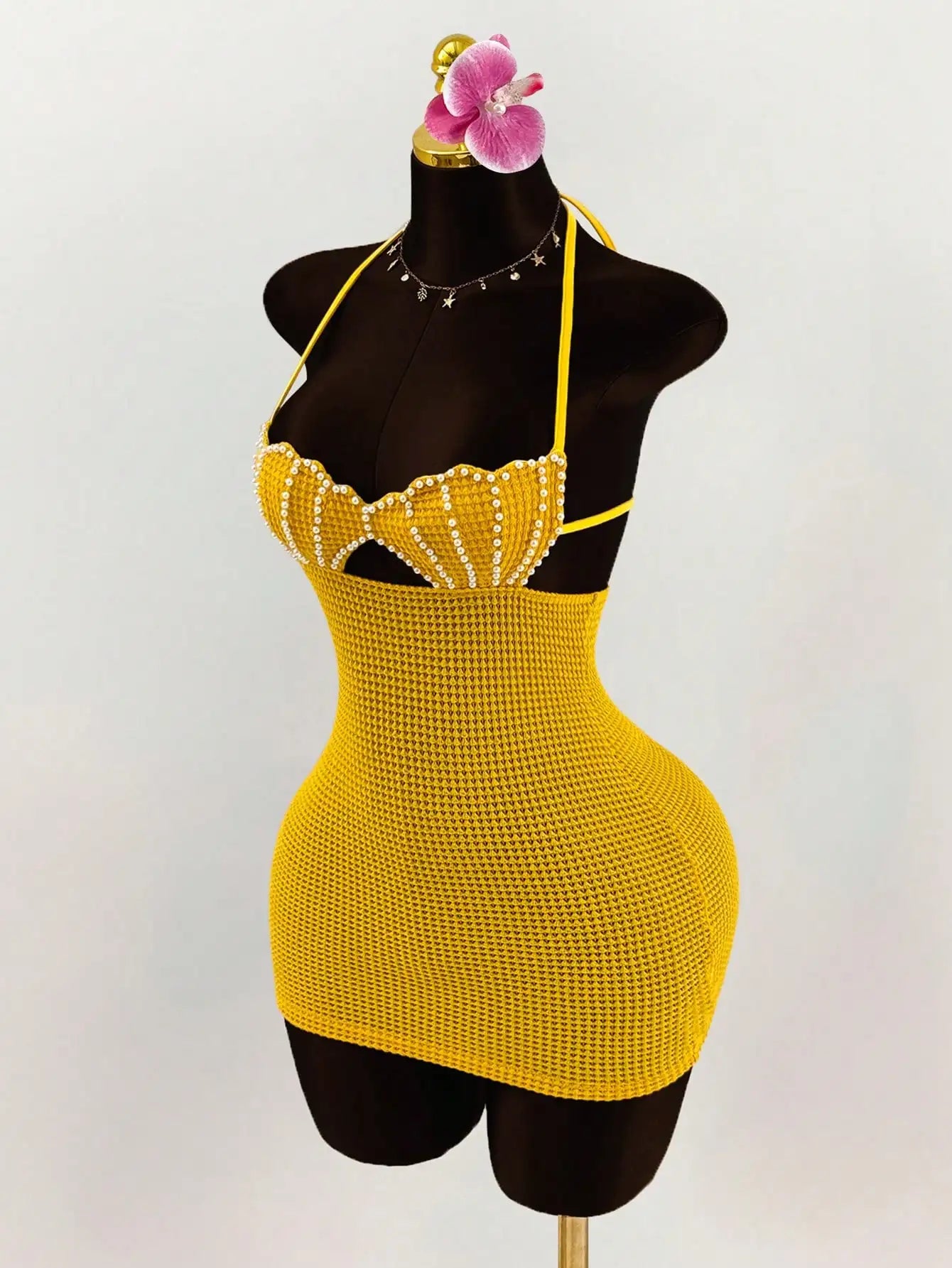 Pearl Shell Halter Backless Mini Bodycon Dress Crochet Bikini