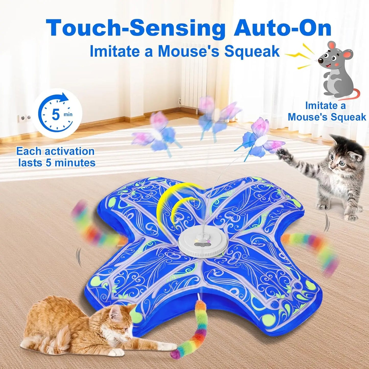 Interactive Cat Toys for Indoor Cats, Rechargeable Touch Activated Hide and Seek Kitten Toys with Fluttering (Blue)