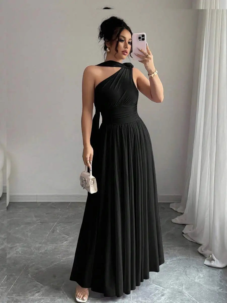 One Shoulder Maxi Dress With Draped Neck And Pleated Skirt