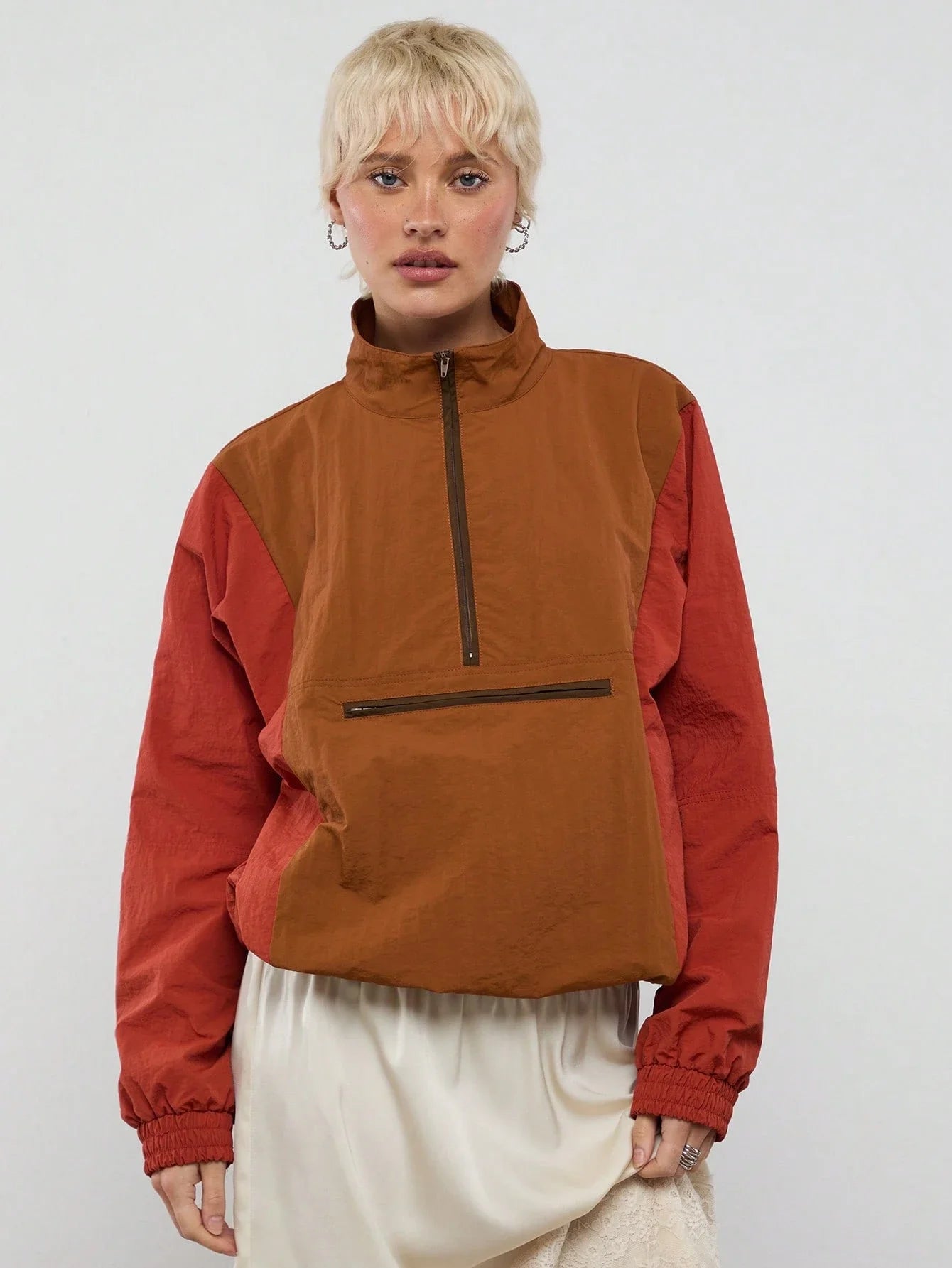 Colorblock Nylon Half-Zip Jacket For Women Streetwear Casual Sporty Outfit