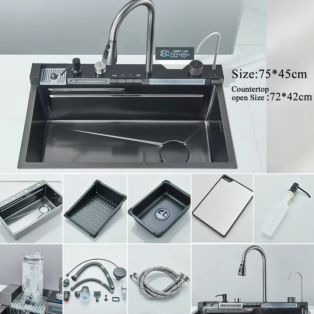 MYQualife Stainless Steel Waterfall Kitchen Sink With Digital Display Faucet