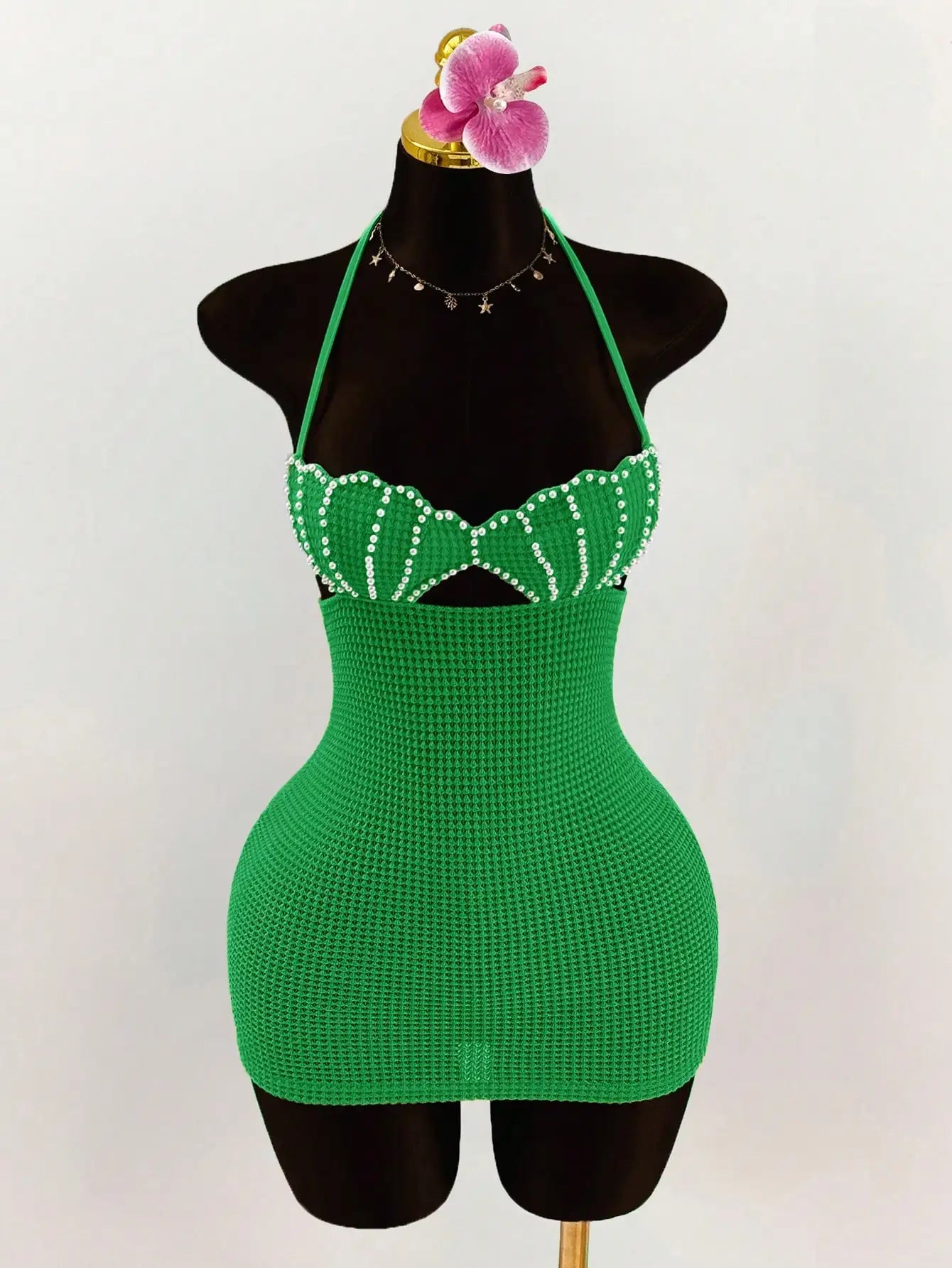 Pearl Shell Halter Backless Mini Bodycon Dress Crochet Bikini