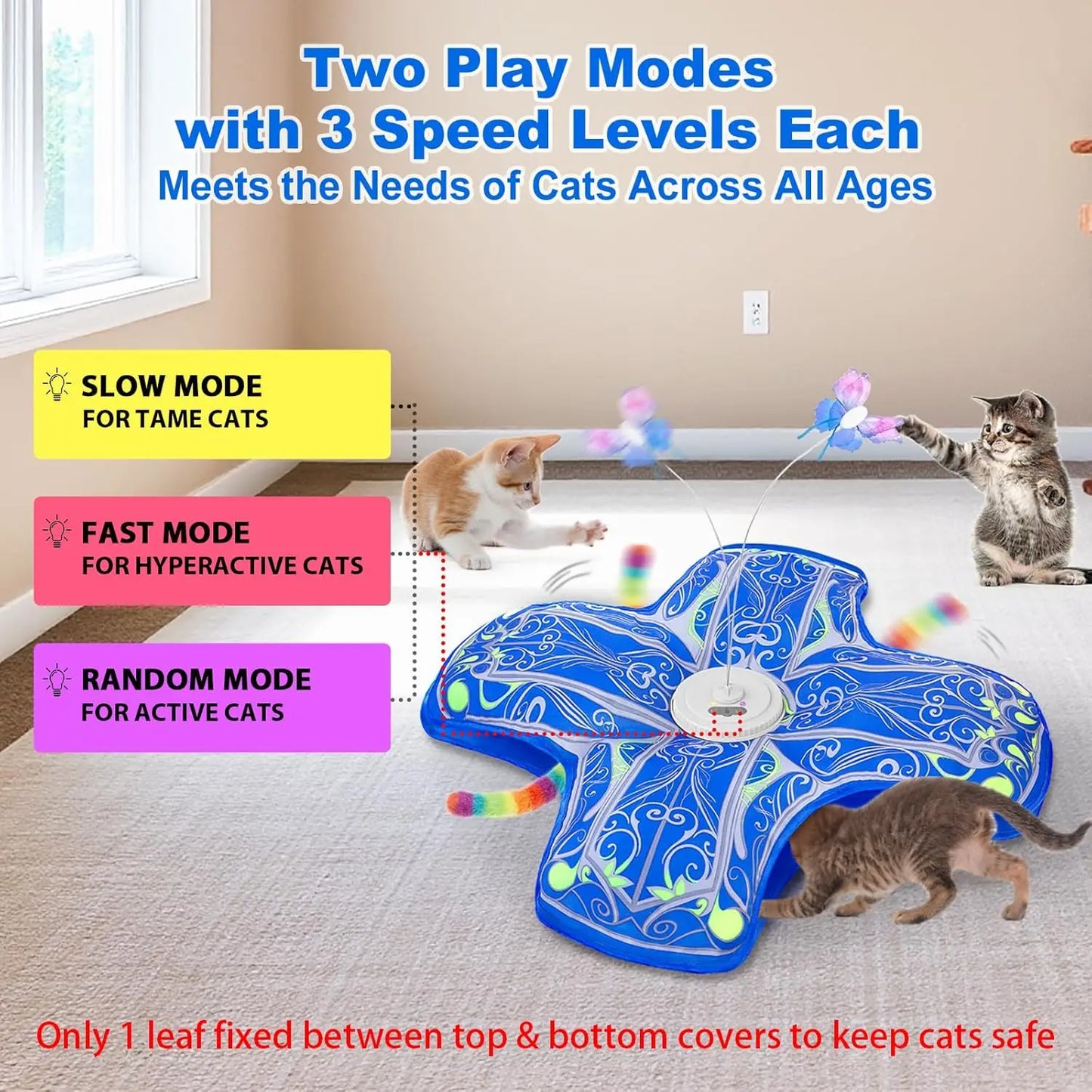 Interactive Cat Toys for Indoor Cats, Rechargeable Touch Activated Hide and Seek Kitten Toys with Fluttering (Blue)