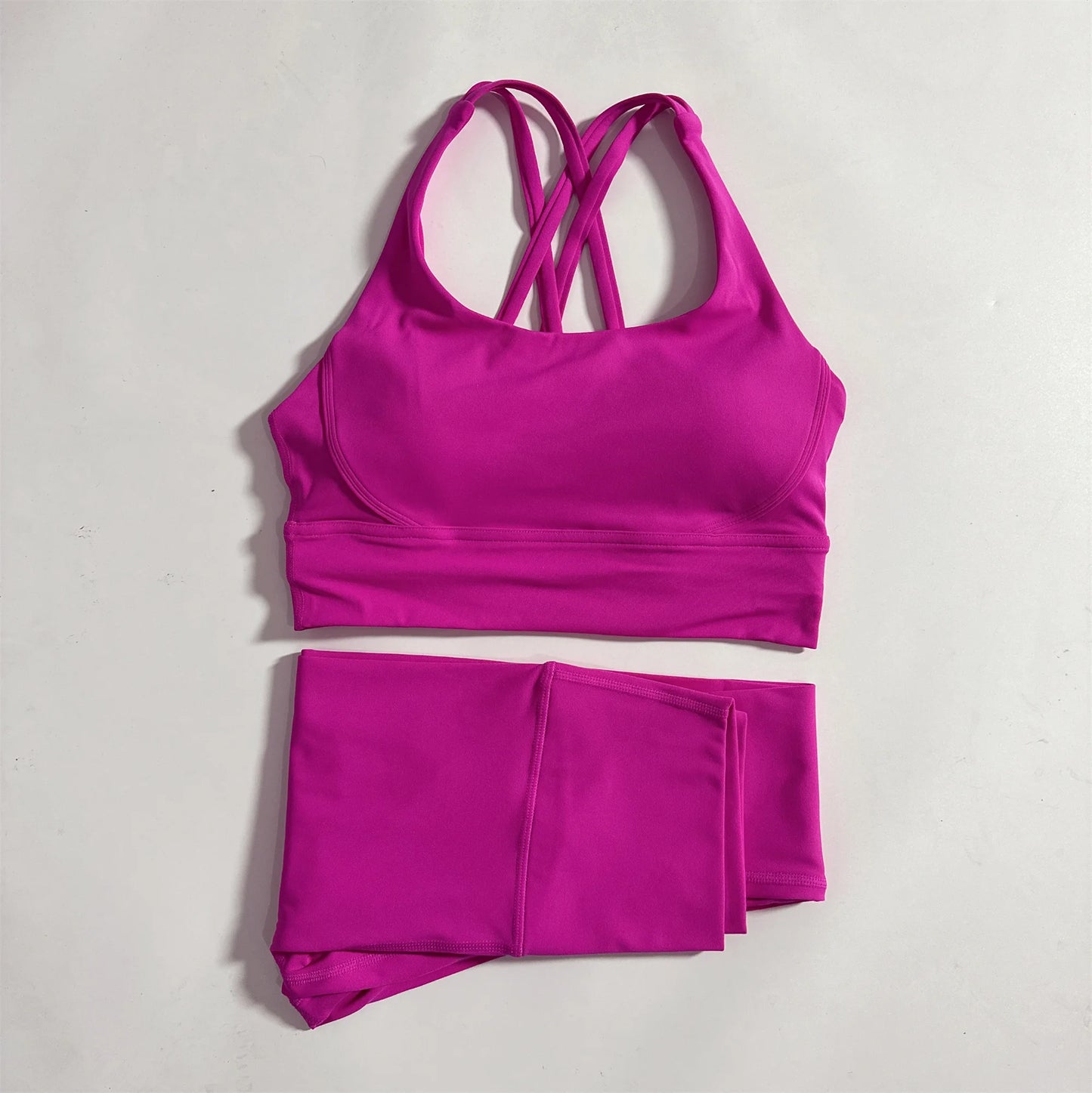 Solid Color Gym Fitness Set Tight Soft cross Fitness Bra 2pc compression High Waist Yoga Legging Suit Comprehensive Training Jog