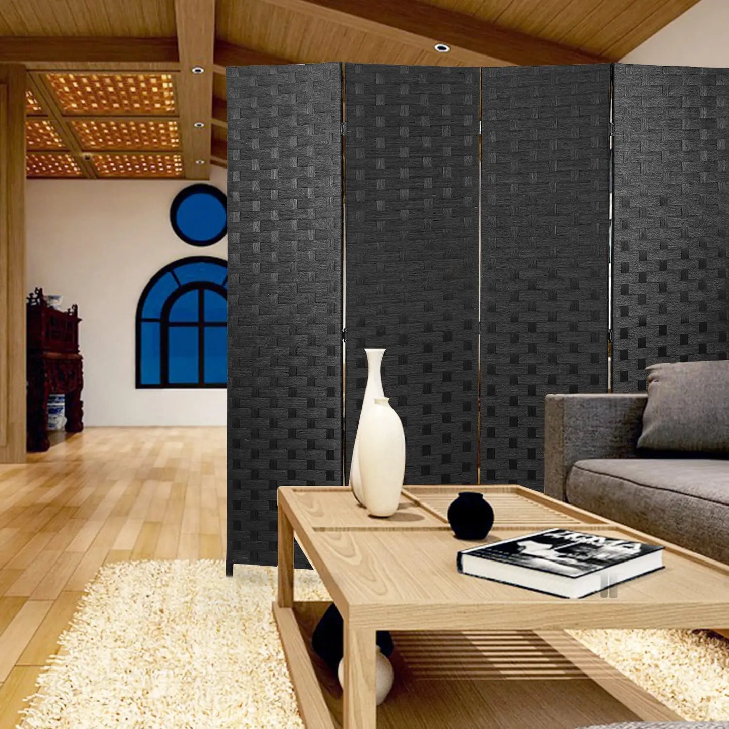 Room Divider,4 Panels 6FT Folding Privacy Screen Room Divider Wall Wood Mesh Hand-Woven Design Freestanding, Customized