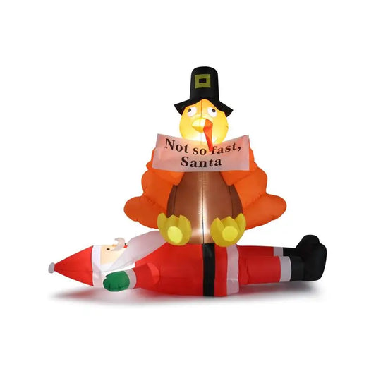 4.9 FT Lighted Inflatable Decoration, Turkey Sitting on Santa Claus, Funny Blow Up Yard Decor with Built-in LED Lights for