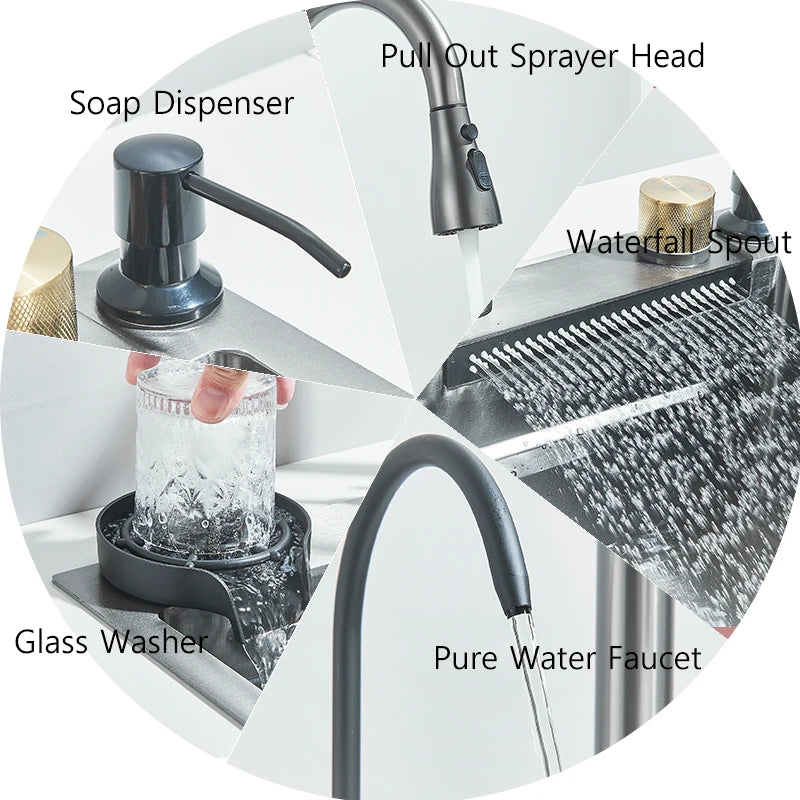 MYQualife 304 Stainless Steel Waterfall Kitchen Sink Faucet Set